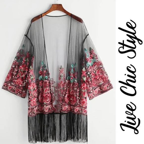LiveChicStyle Tops - Last one!! Floral Embroidered Kimono with Fringe